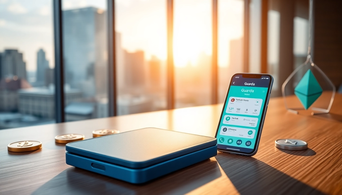 Display the features of the gaurda wallet on a modern desktop with digital currencies.