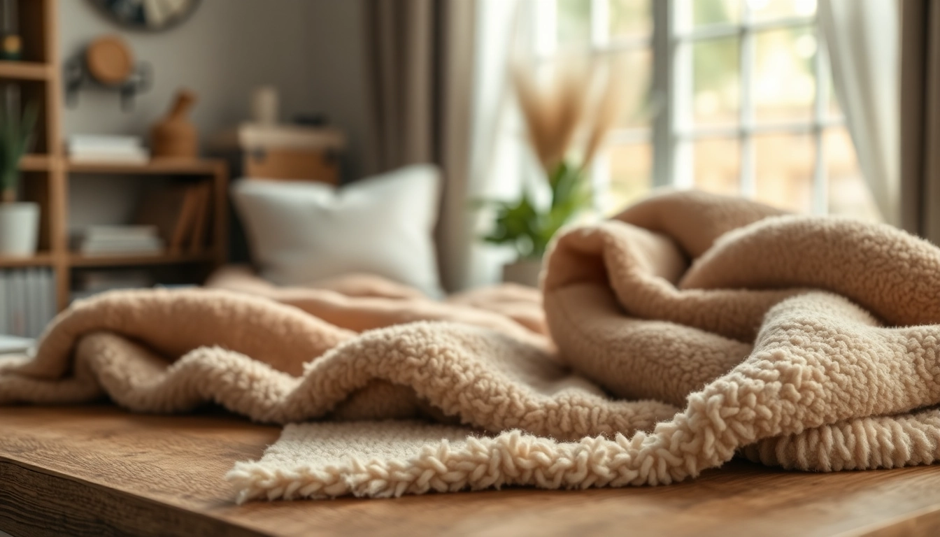Fleece stof met rijke textuur en kleuren op een houten tafel afgebeeld