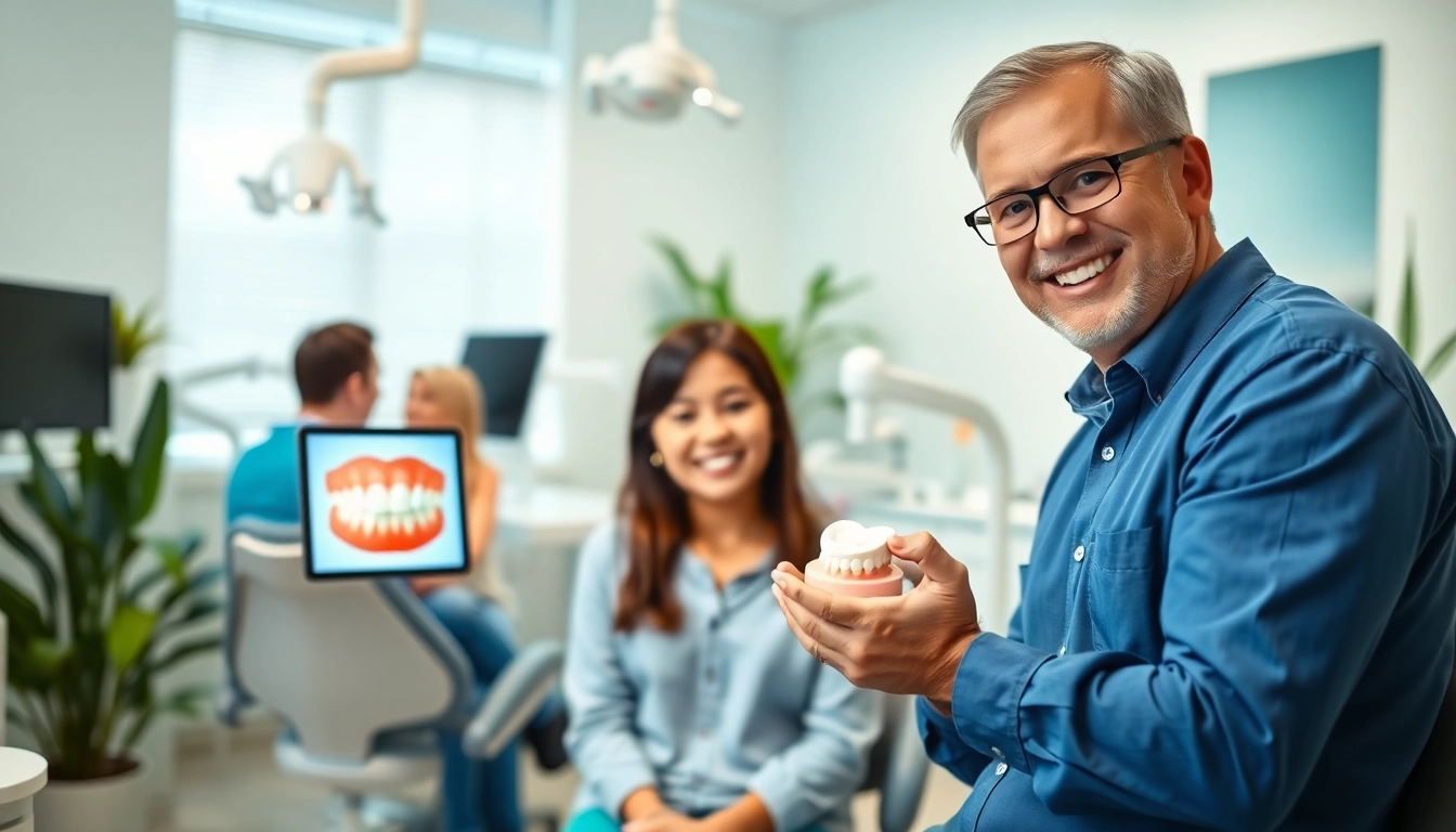 Engaging consultation with an orthodontist Myrtle Beach showcasing a dental model to a young patient.