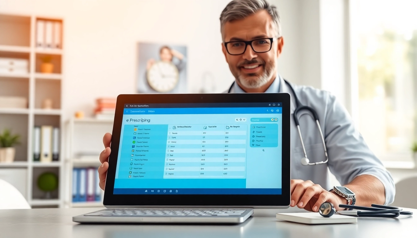 Healthcare professional engaging with eprescribing platforms in a modern clinic environment.
